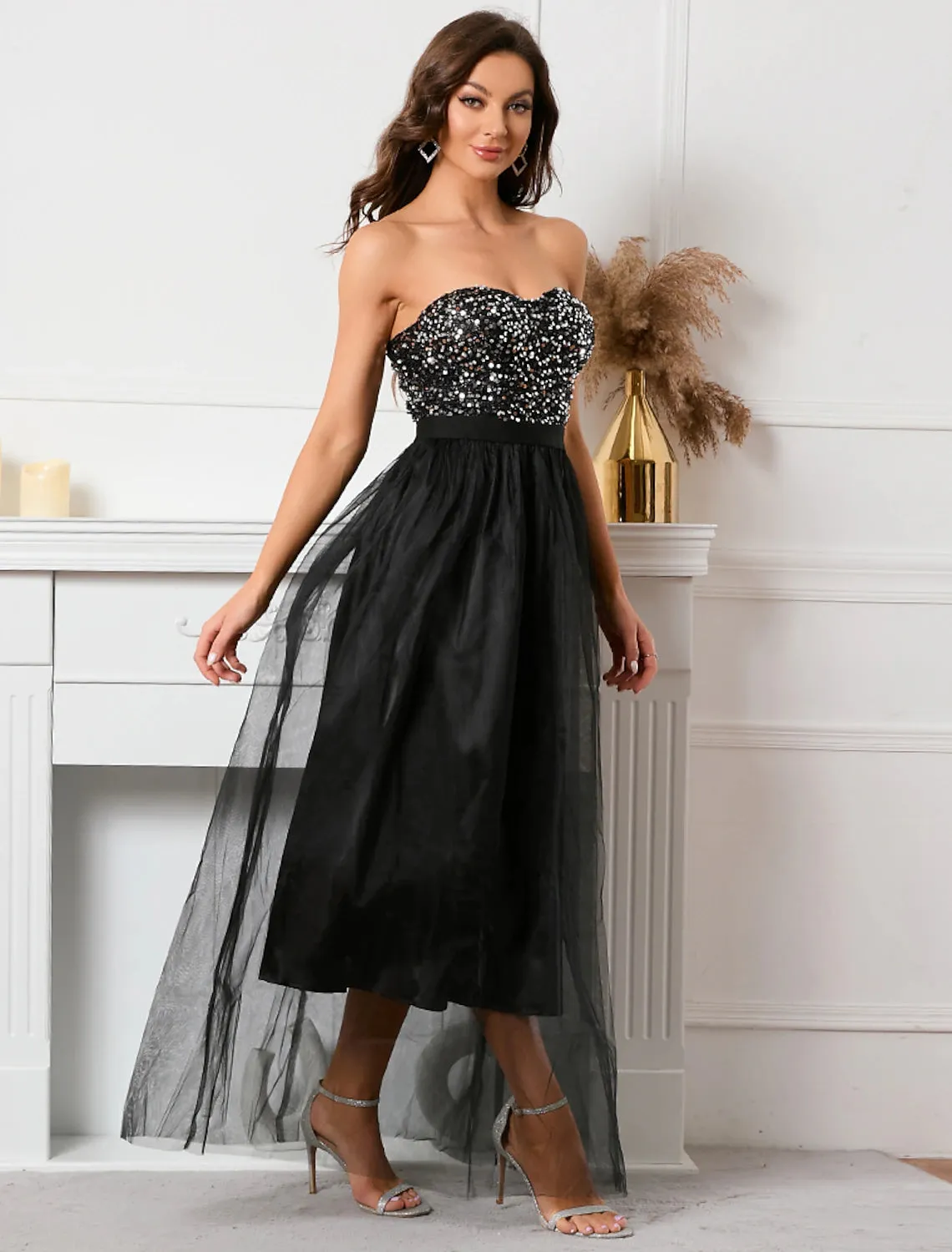 A-Line Party Dresses Sparkle & Shine Dress Holiday Floor Length Sleeveless Strapless Sequined with Sequin