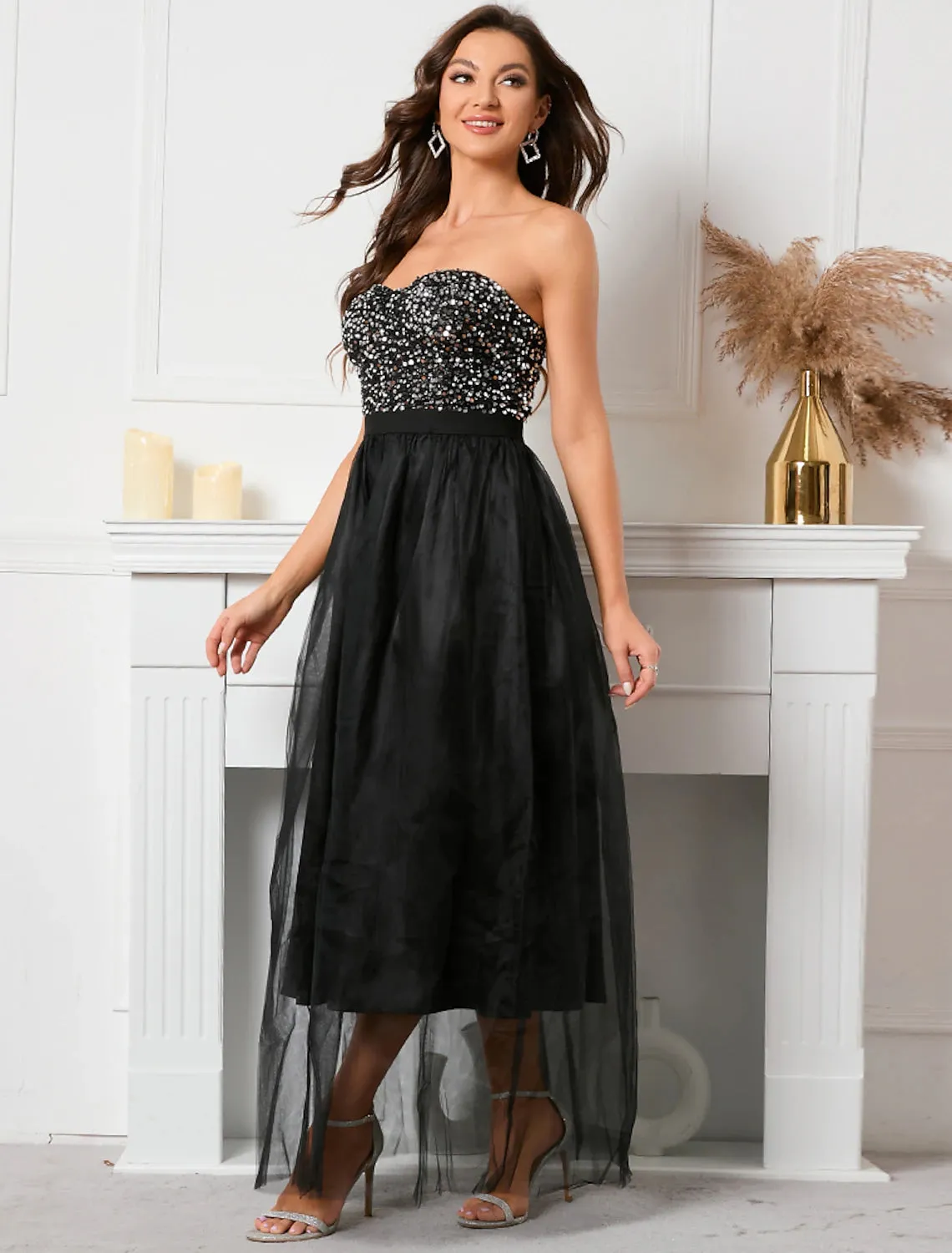 A-Line Party Dresses Sparkle & Shine Dress Holiday Floor Length Sleeveless Strapless Sequined with Sequin