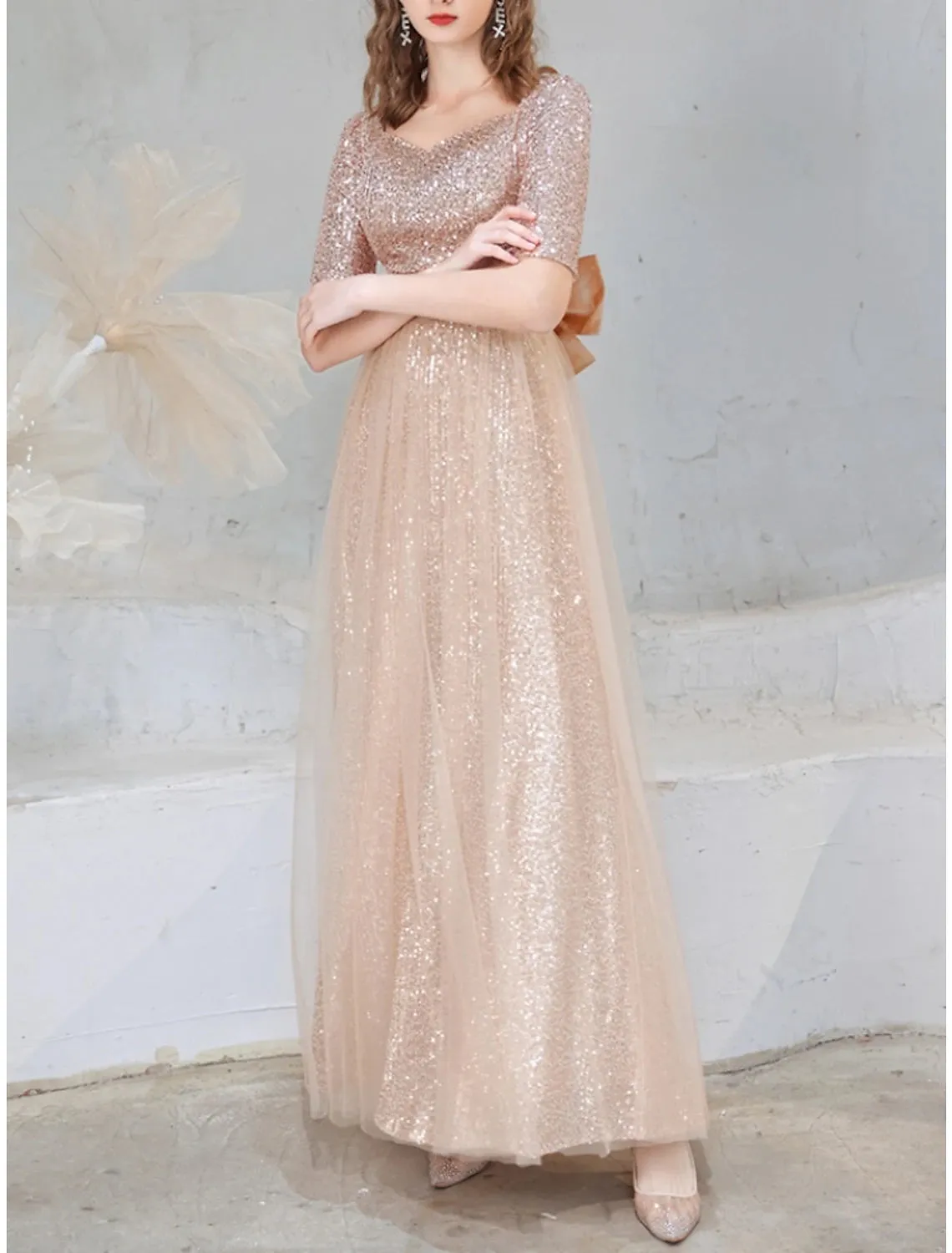 A-Line Prom Dresses Elegant Dress Formal Ankle Length Short Sleeve Square Neck Sequined with Glitter Pleats Ruched