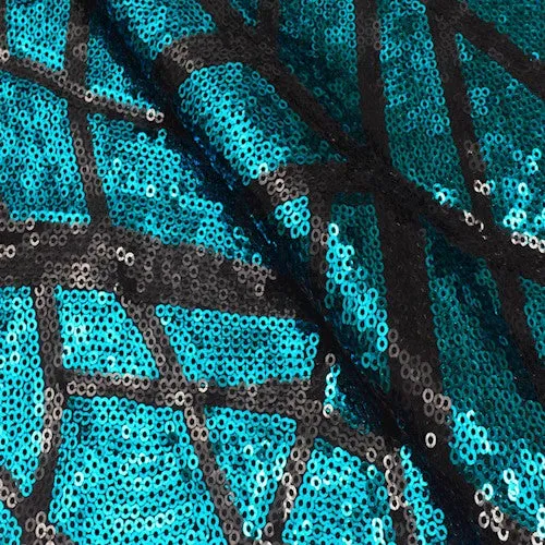 Aquatic Blue/Black Abstract Sequined Stretch Knit Fabric