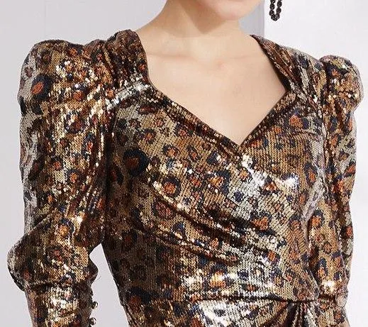 Asymmetrical Sequin-Embellished Leopard Mini Dress