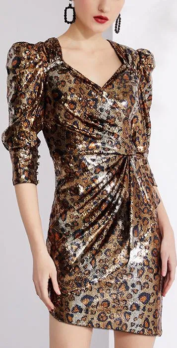 Asymmetrical Sequin-Embellished Leopard Mini Dress