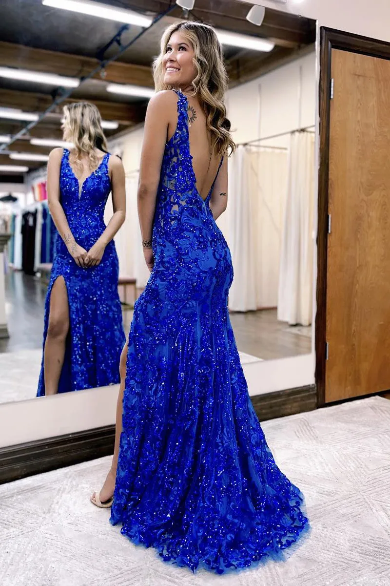 Avianna |Mermaid V Neck Sequined Lace Prom Dress with Slit