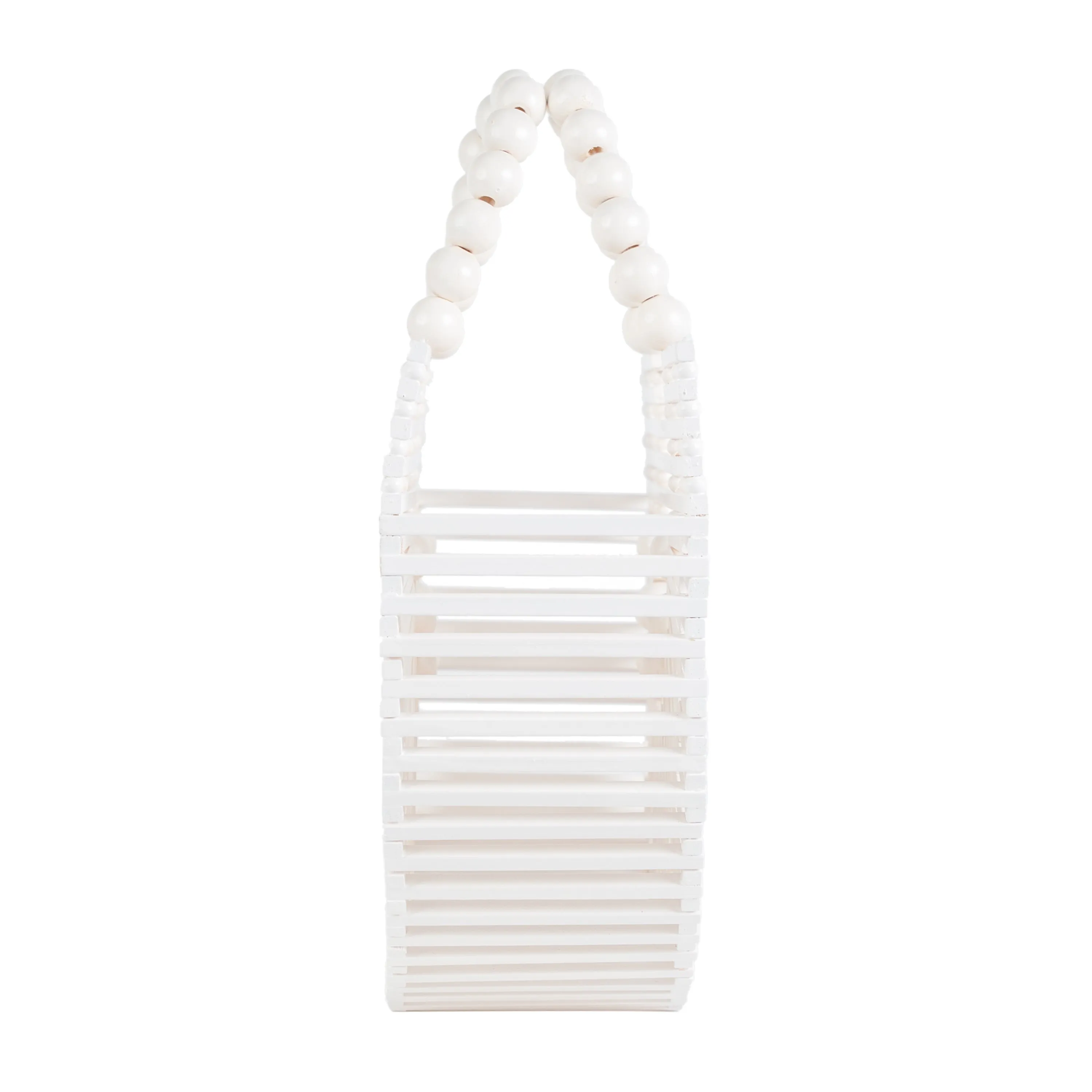 Bamboo Tote with bead handle - Handcrafted Basket Bag for Women. White