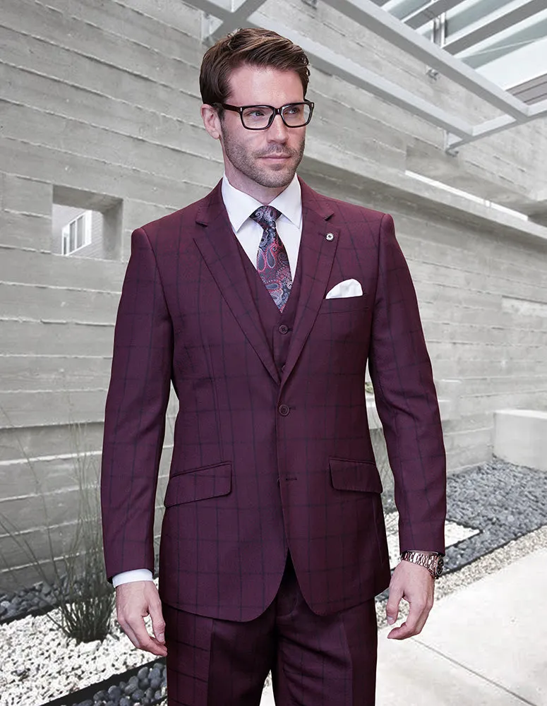 BERGAMO 3 PC BURGUNDY MODERN FIT SUIT