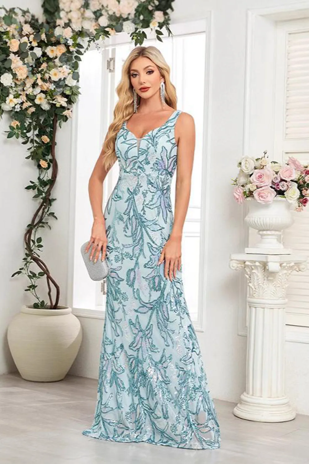 Blue Sleeveless Mermaid Sequined Maxi Dress