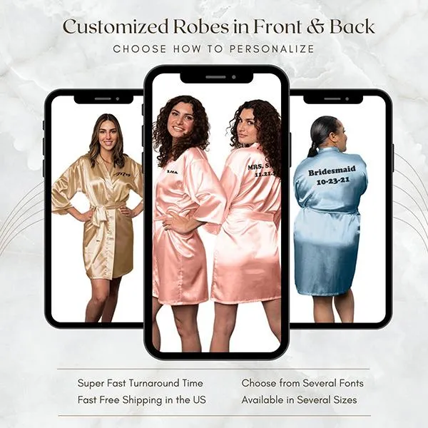 Bridesmaid Robe Set of 4, Personalized Robes in Front & Back, 26 Colors, 3T-6XL