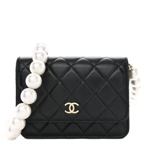 Chanel Black Calfskin Quilted Leather Maxi Pearl Mini Wallet On Chain WOC Bag