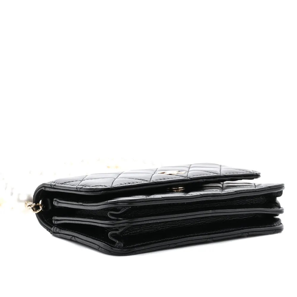 Chanel Black Calfskin Quilted Leather Maxi Pearl Mini Wallet On Chain WOC Bag