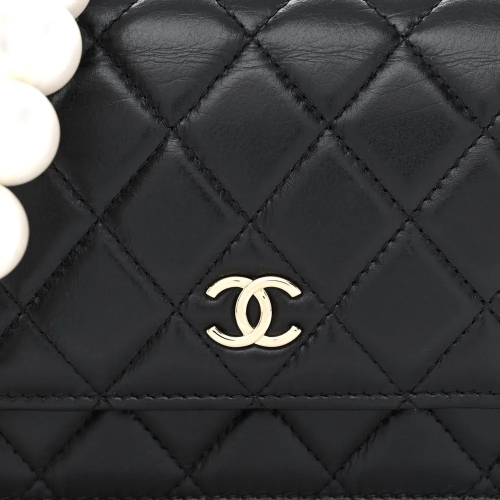 Chanel Black Calfskin Quilted Leather Maxi Pearl Mini Wallet On Chain WOC Bag