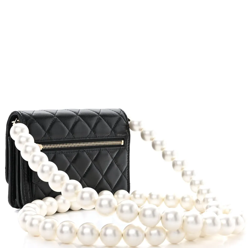 Chanel Black Calfskin Quilted Leather Maxi Pearl Mini Wallet On Chain WOC Bag