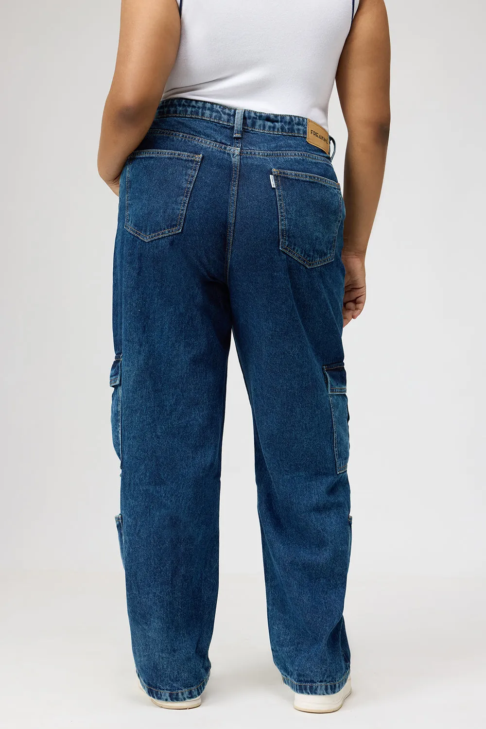 Curve Multi-Pocket Blue Denim Cargo Jeans