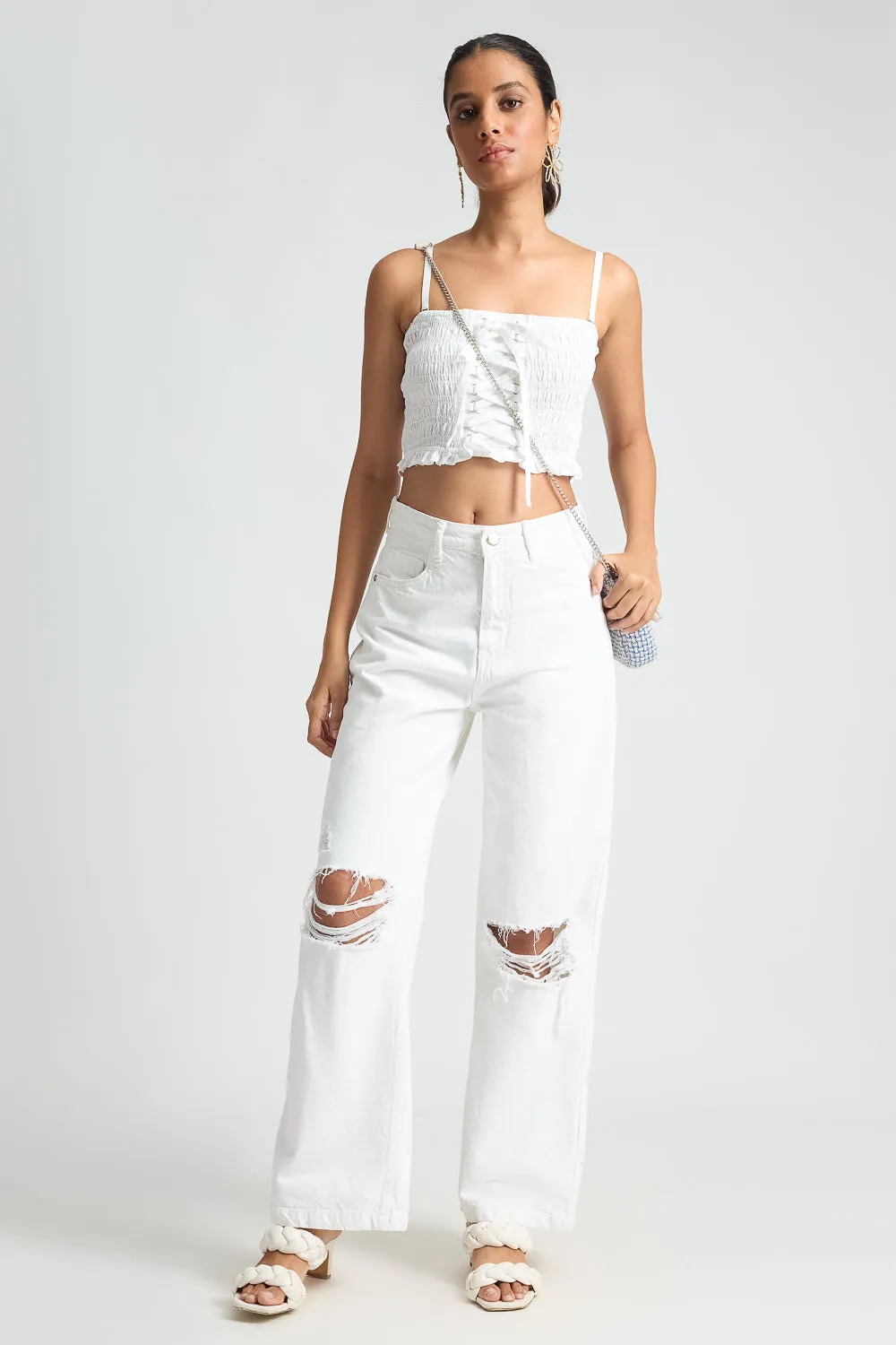 Distressed Knee Wide Leg White Jeans