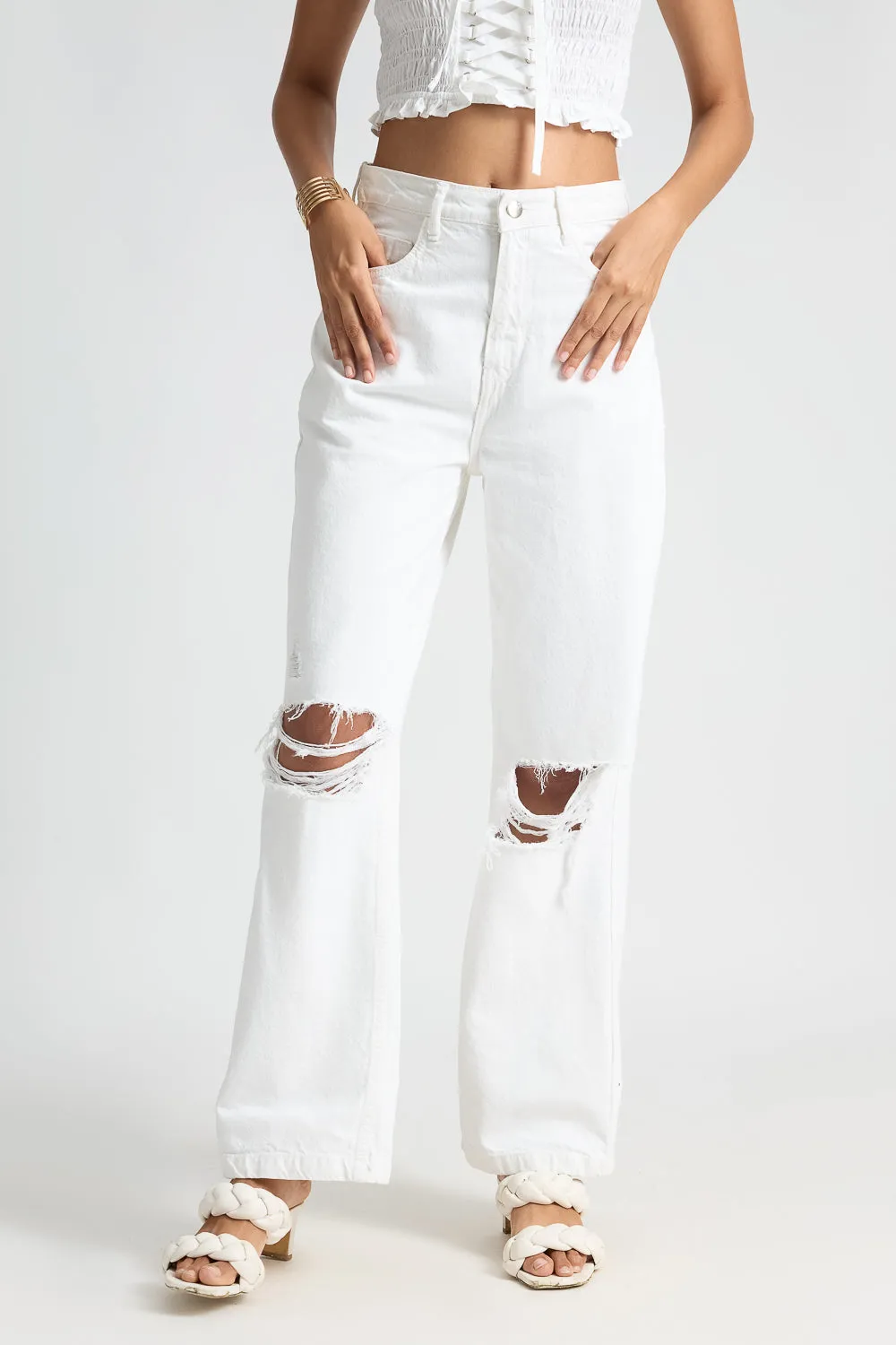 Distressed Knee Wide Leg White Jeans