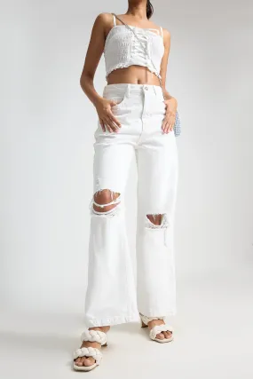 Distressed Knee Wide Leg White Jeans