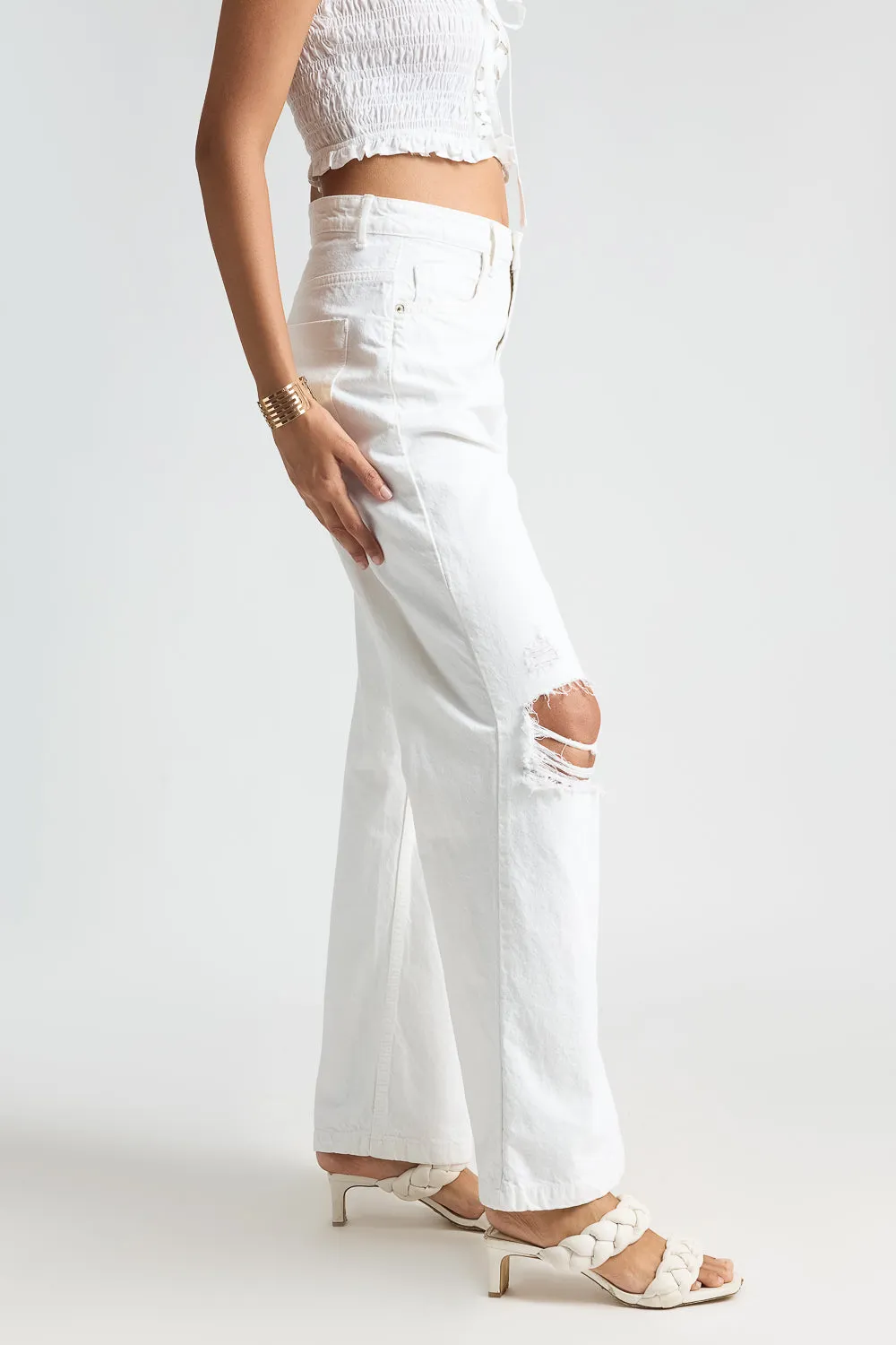 Distressed Knee Wide Leg White Jeans