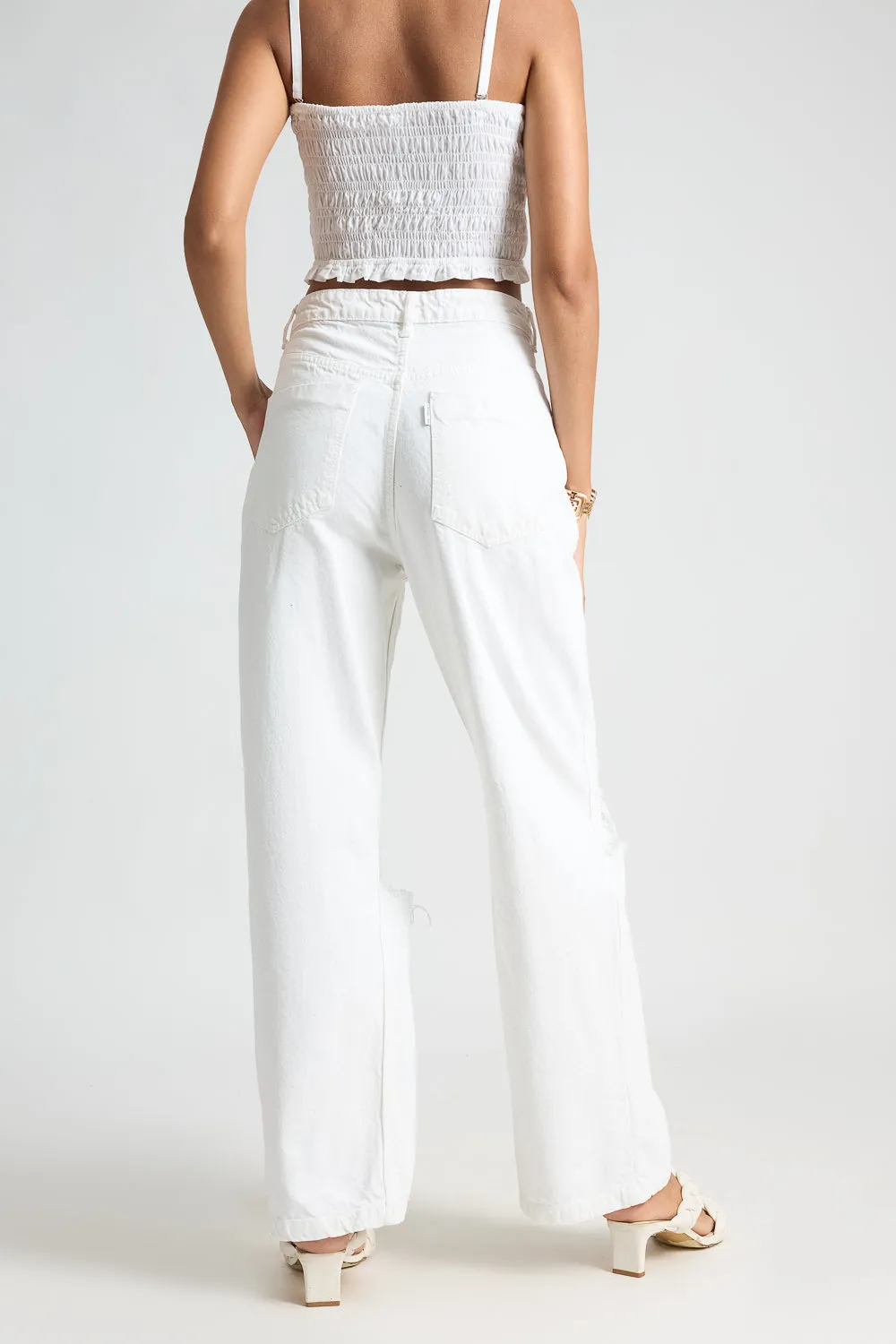 Distressed Knee Wide Leg White Jeans