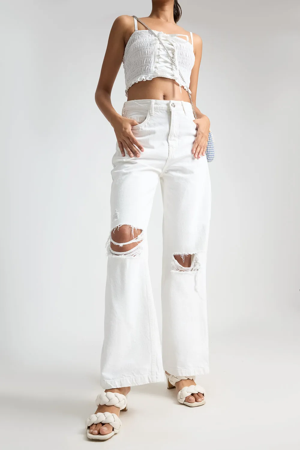 Distressed Knee Wide Leg White Jeans