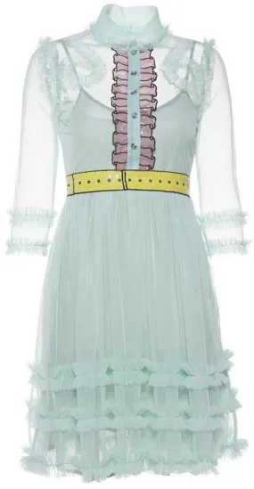 Embellished Sequined Ruffle Organza Dress-Light Blue