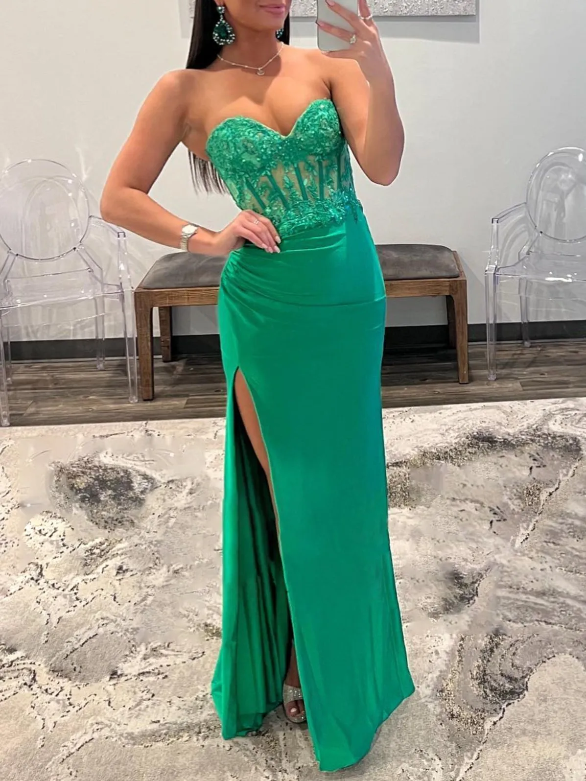 Ember |Sheath Strapless Sweetheart Long Prom Dress with Slit