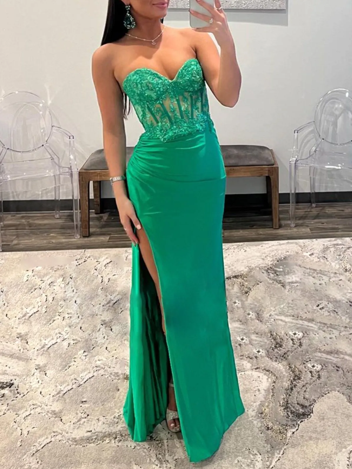 Ember |Sheath Strapless Sweetheart Long Prom Dress with Slit