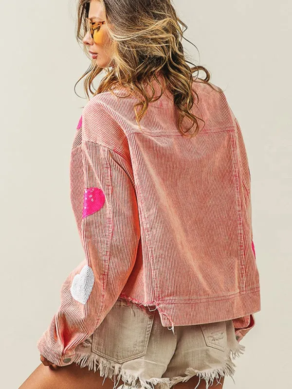 Fall in Love Corduroy Print Shirt Jacket | Urban Distressed Shacket