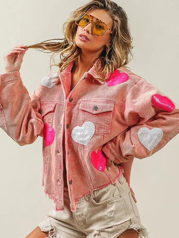 Fall in Love Corduroy Print Shirt Jacket | Urban Distressed Shacket