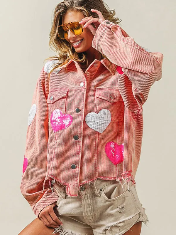 Fall in Love Corduroy Print Shirt Jacket | Urban Distressed Shacket