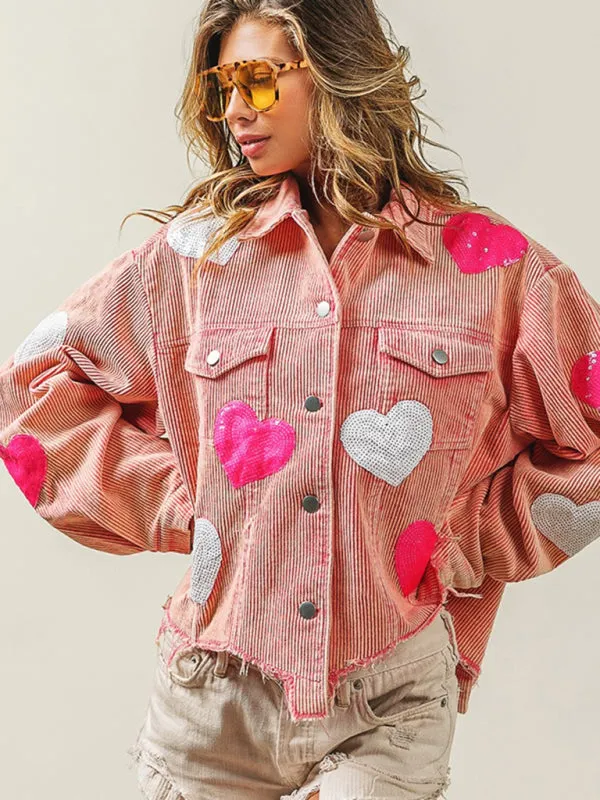 Fall in Love Corduroy Print Shirt Jacket | Urban Distressed Shacket