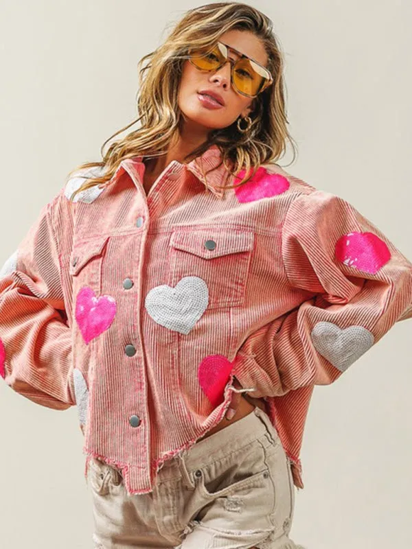 Fall in Love Corduroy Print Shirt Jacket | Urban Distressed Shacket