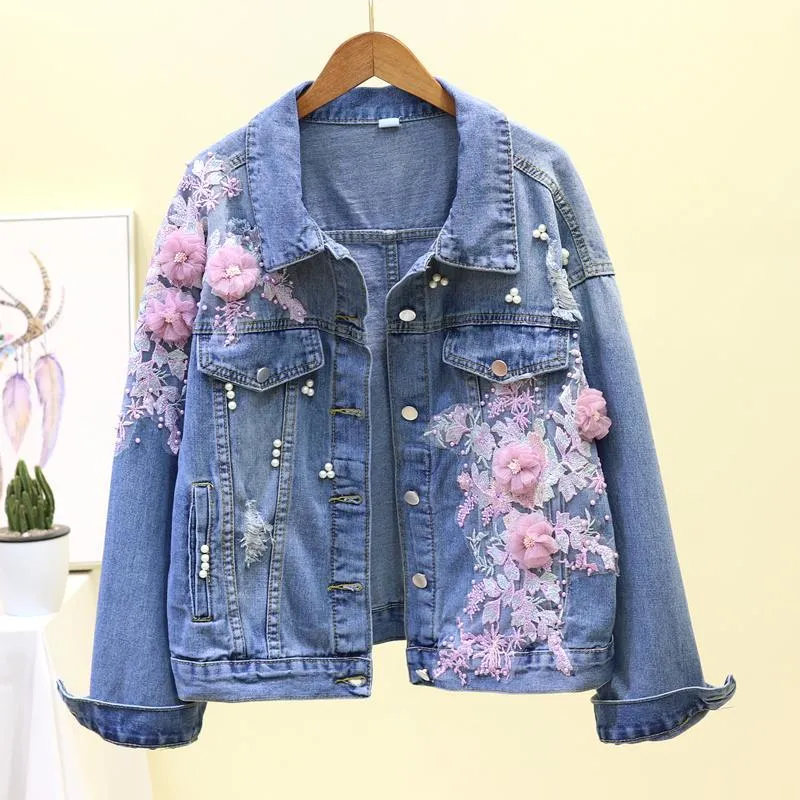 FashionSierra - Flower Pearl Ripped Denim Jacket