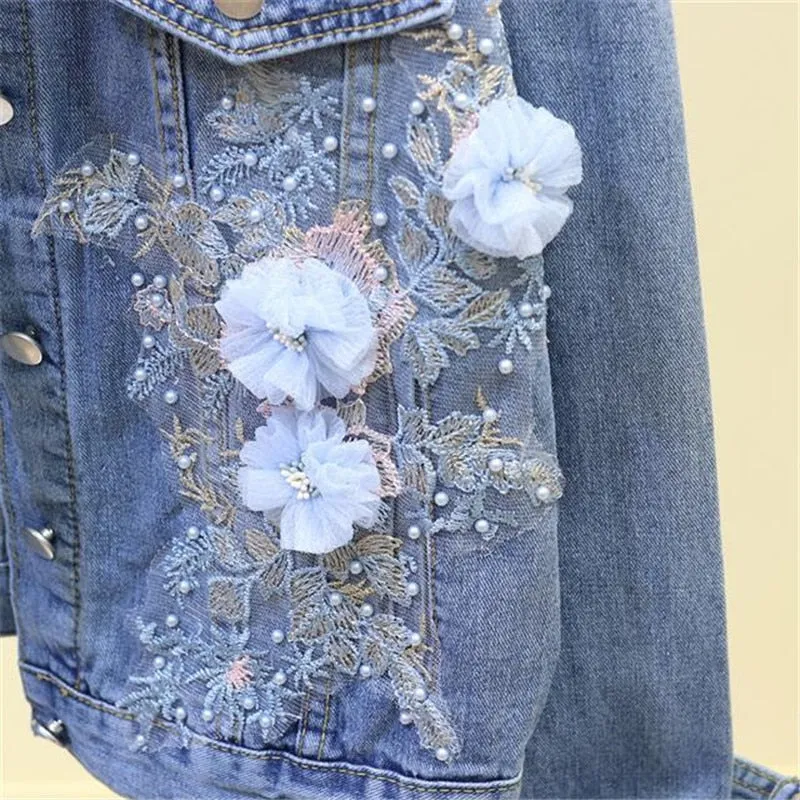 FashionSierra - Flower Pearl Ripped Denim Jacket