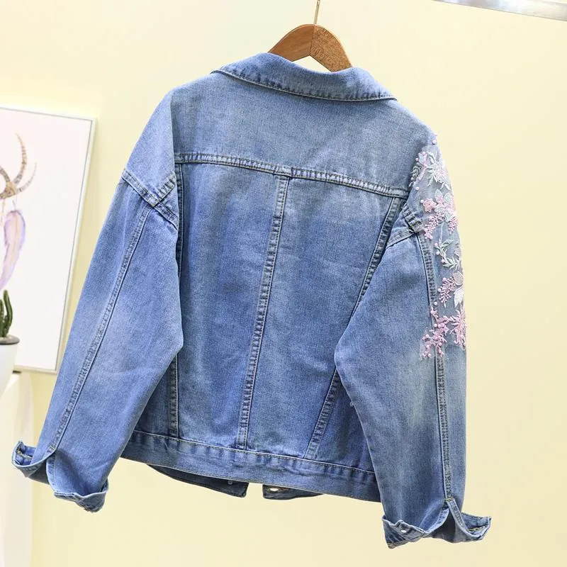 FashionSierra - Flower Pearl Ripped Denim Jacket