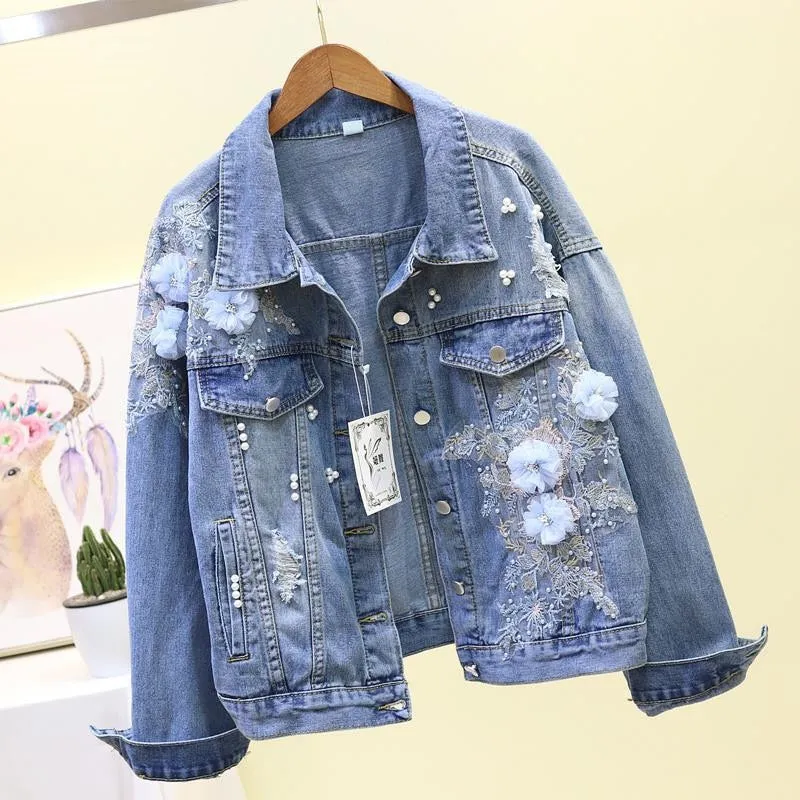 FashionSierra - Flower Pearl Ripped Denim Jacket