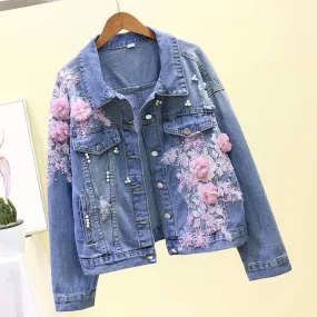 FashionSierra - Flower Pearl Ripped Denim Jacket