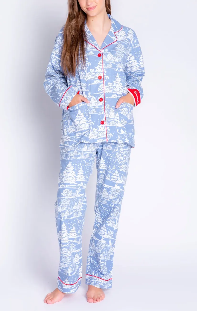 Flannel Long PJ Set w/ Headband in Steel Blue