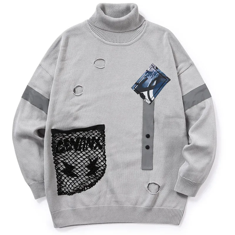 Gray Patchwork Ripped Turtleneck Sweater