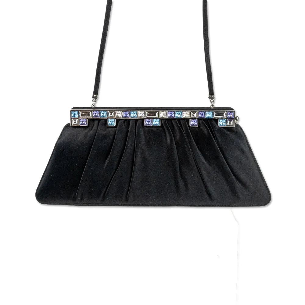 Judith Leiber Black Pleated Satin Crystal Embellished Clutch