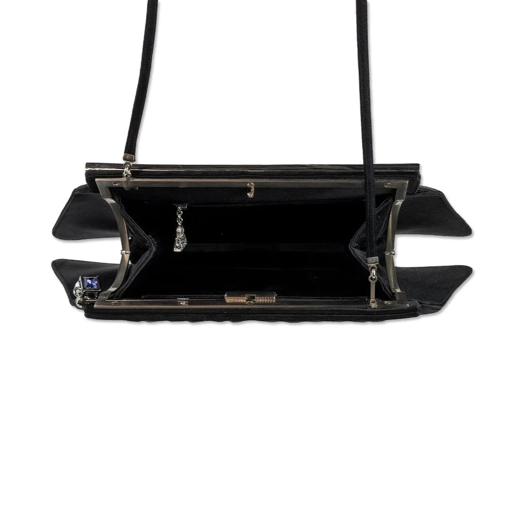 Judith Leiber Black Pleated Satin Crystal Embellished Clutch