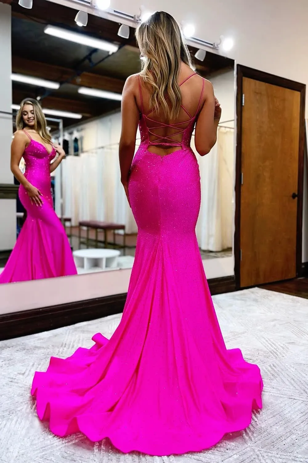 kamahe Hot Pink Sequined Spaghetti Straps Prom Dress