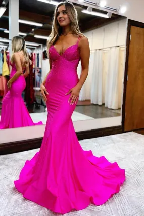 kamahe Hot Pink Sequined Spaghetti Straps Prom Dress