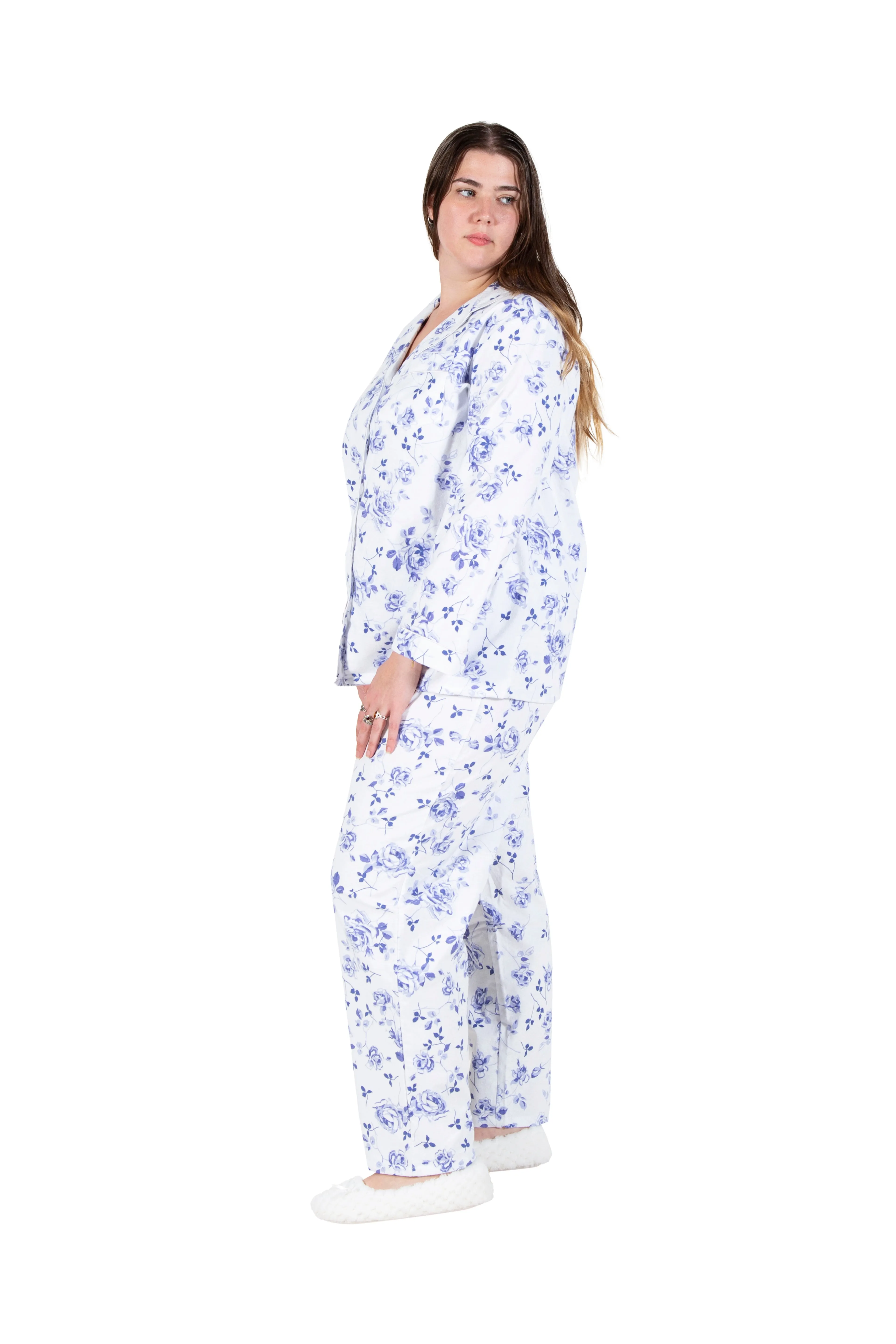 La Cera Plus Size  Porcelain Blue Floral Flannel PJ