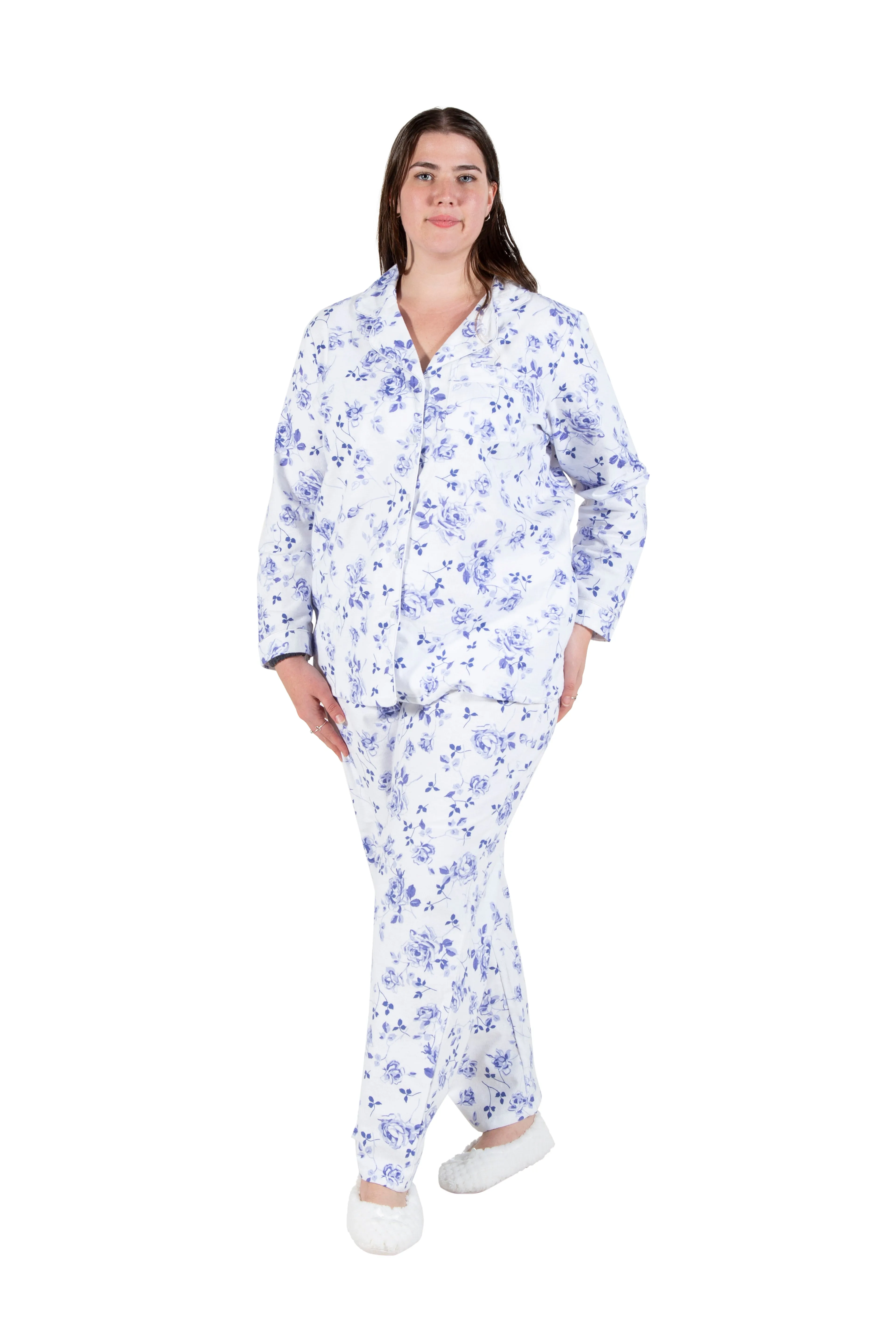 La Cera Plus Size  Porcelain Blue Floral Flannel PJ