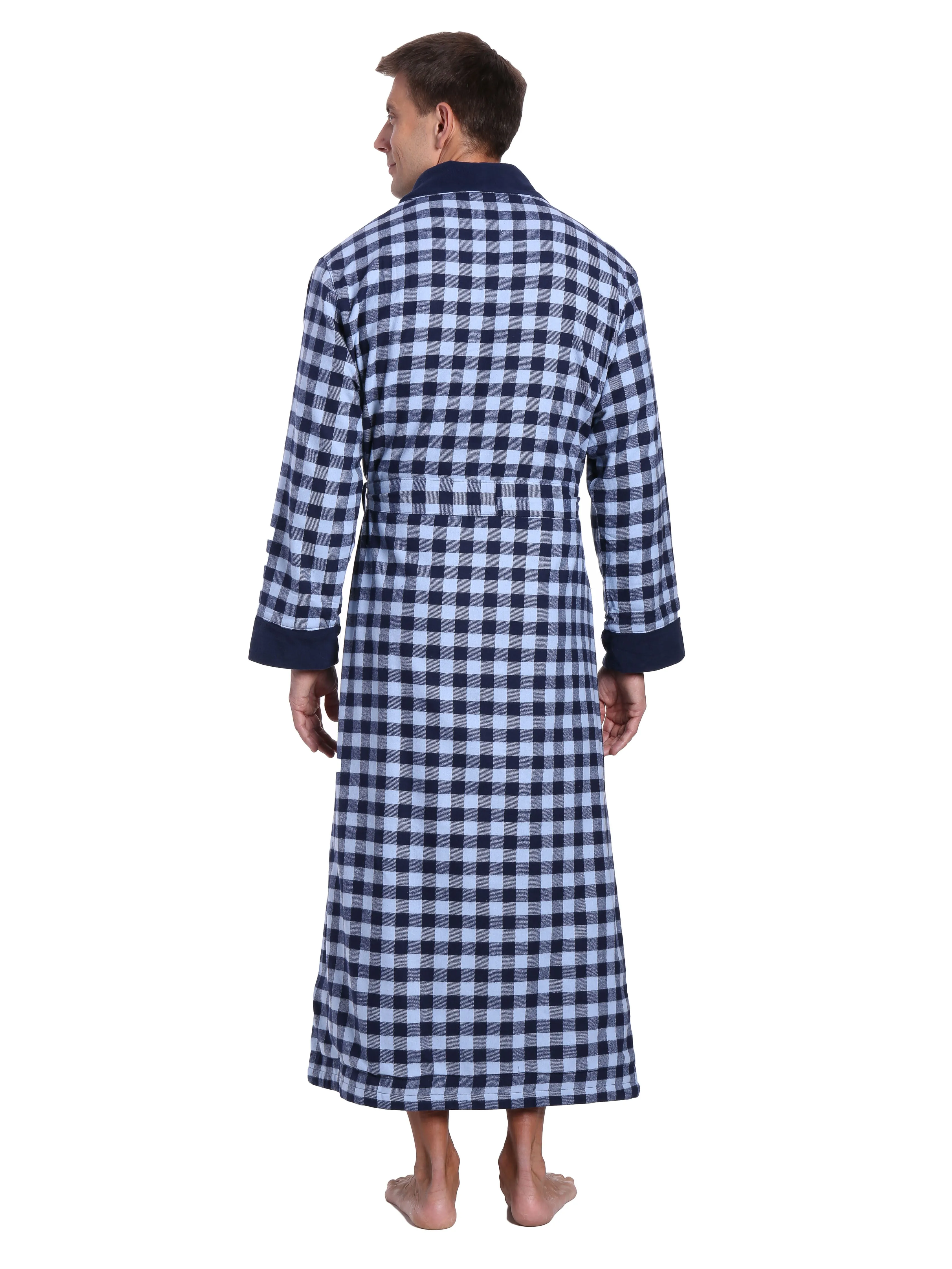 Mens Premium 100% Cotton Flannel Fleece Lined Robe - Gingham Checks - Navy Blue