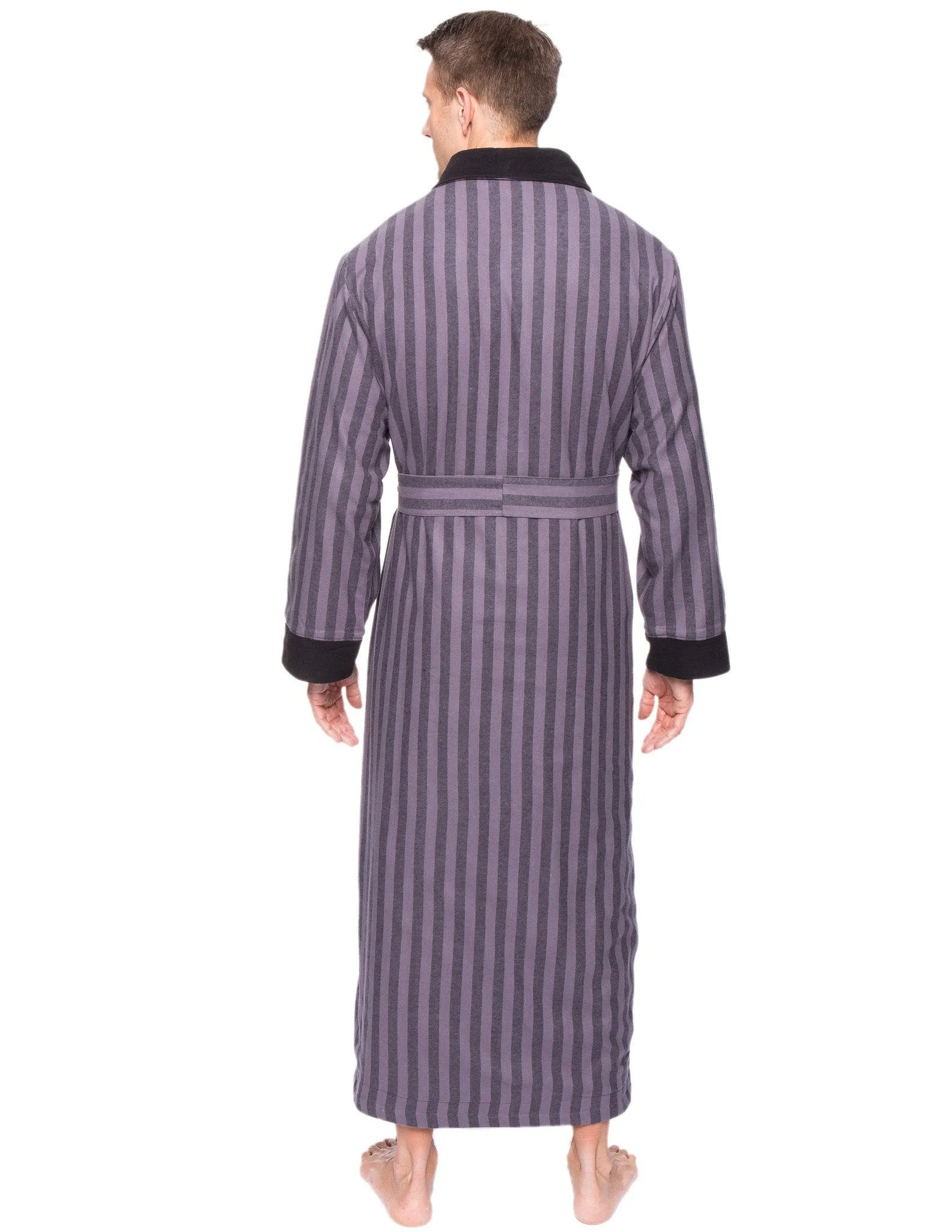 Men's Premium 100% Cotton Flannel Fleece Lined Robe - Stripes Black/Grey