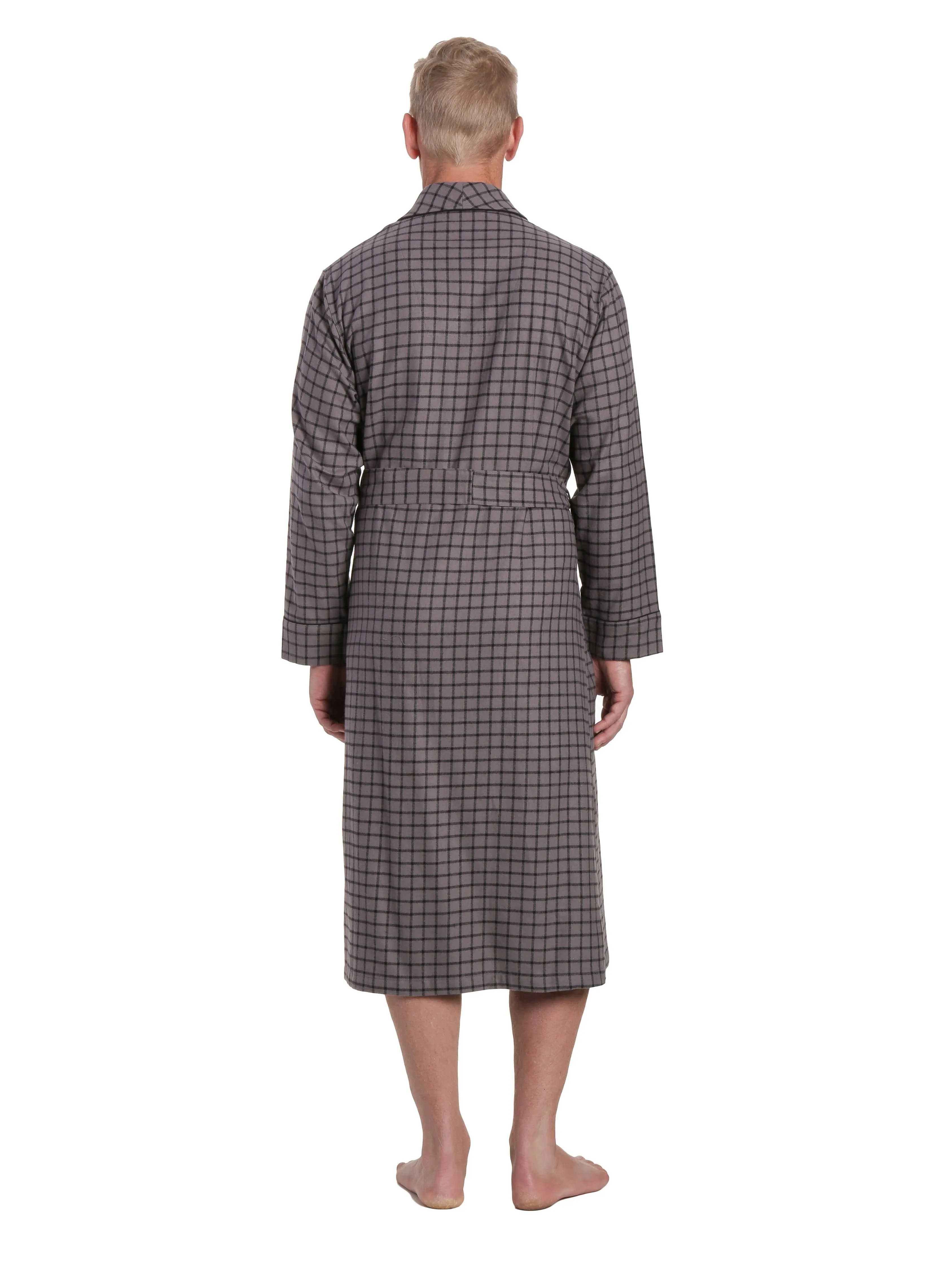 Mens Premium 100% Cotton Flannel Robe - Checks Charcoal-Black