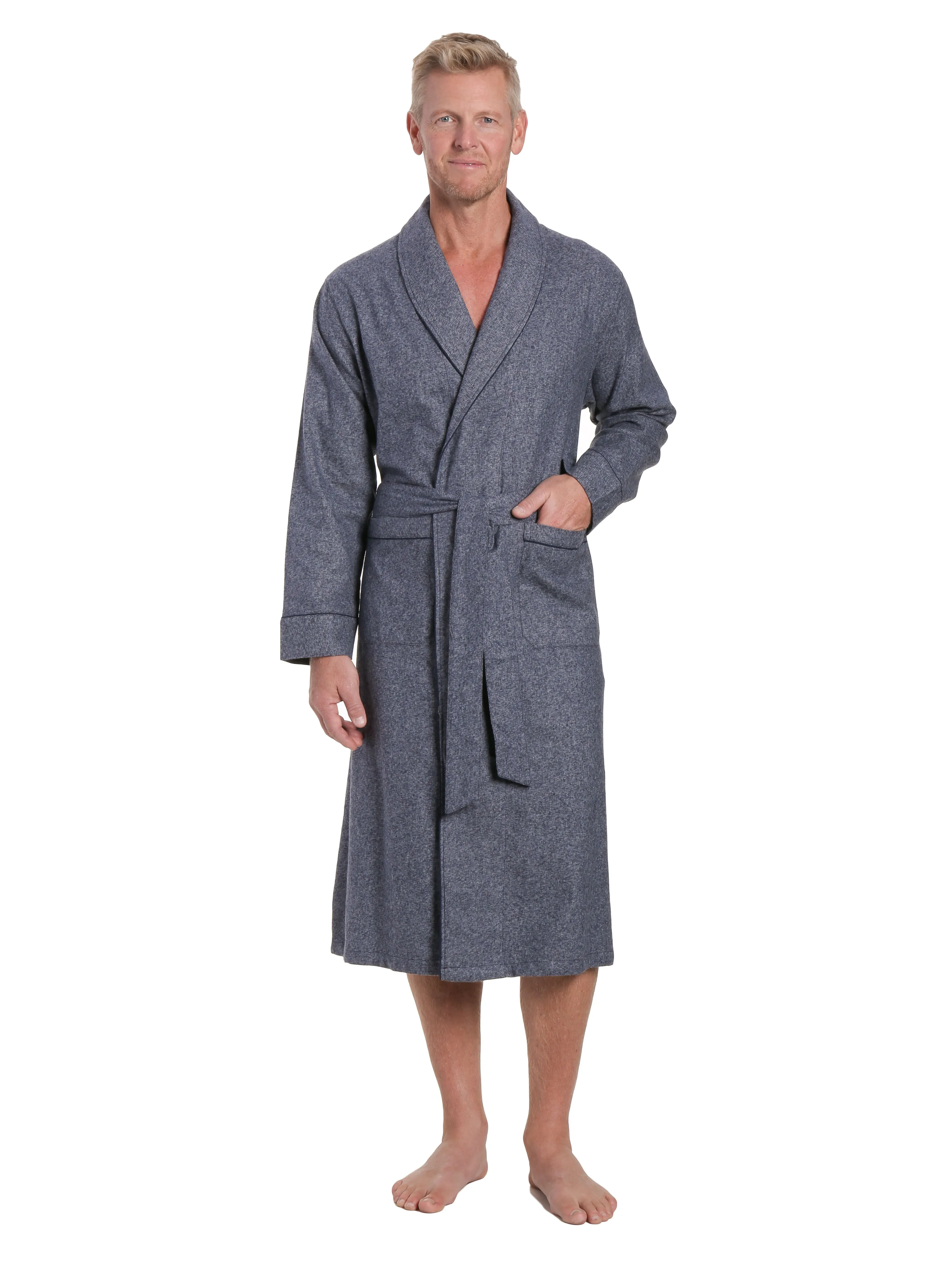 Mens Premium 100% Cotton Flannel Robe - Dark Blue