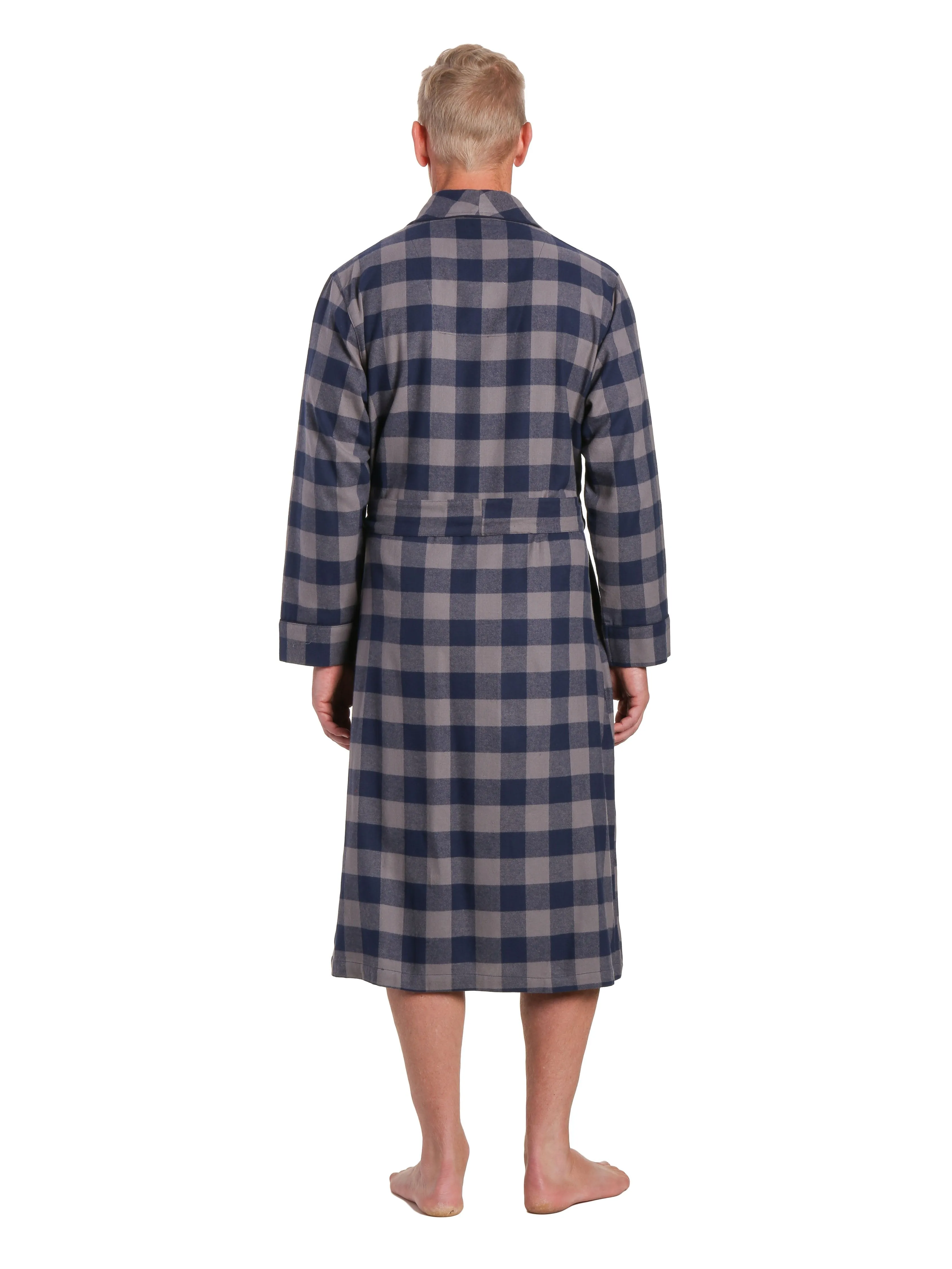 Mens Premium 100% Cotton Flannel Robe - Gingham Checks - Charcoal-Navy