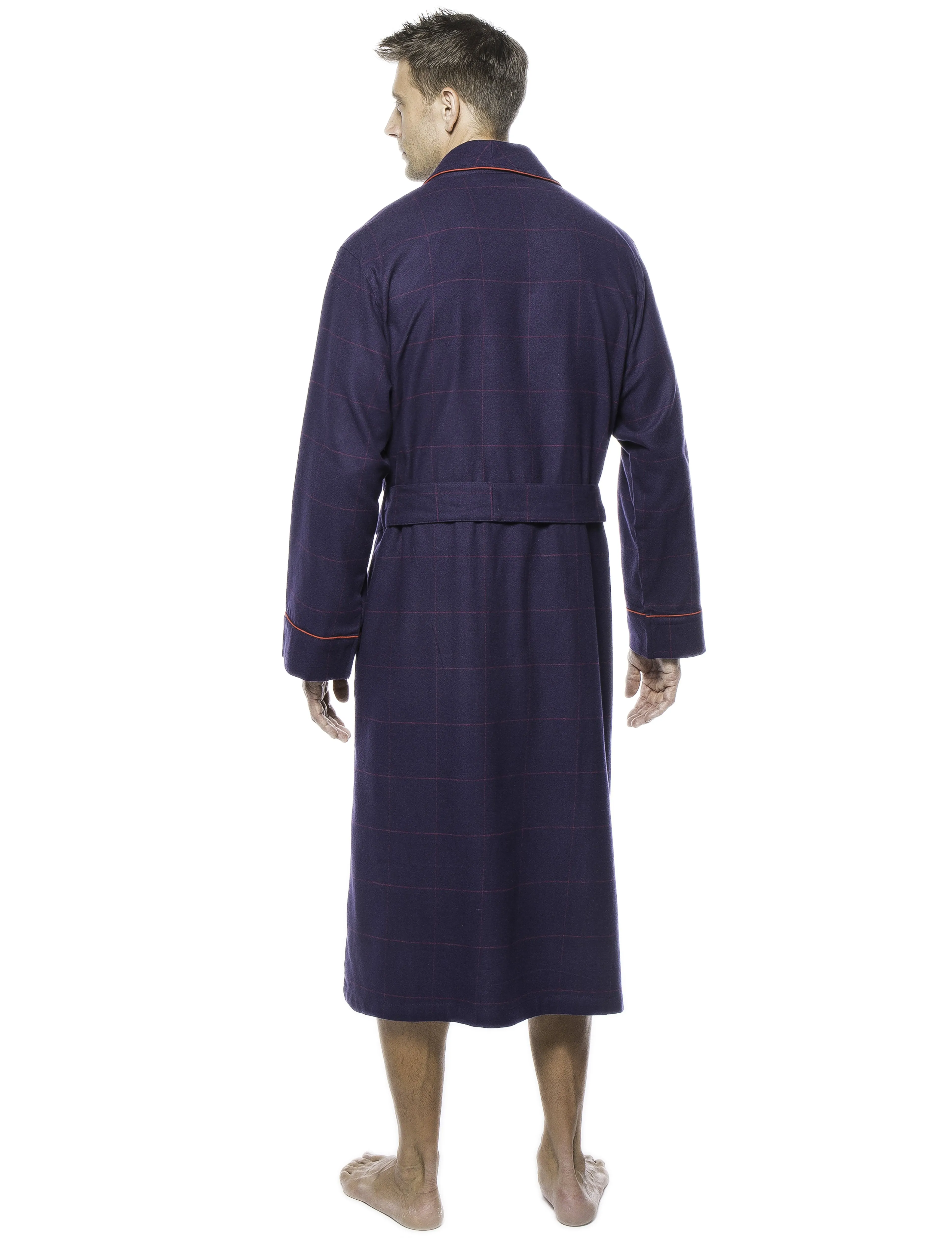 Mens Premium 100% Cotton Flannel Robe - Windowpane Checks Blue/Red