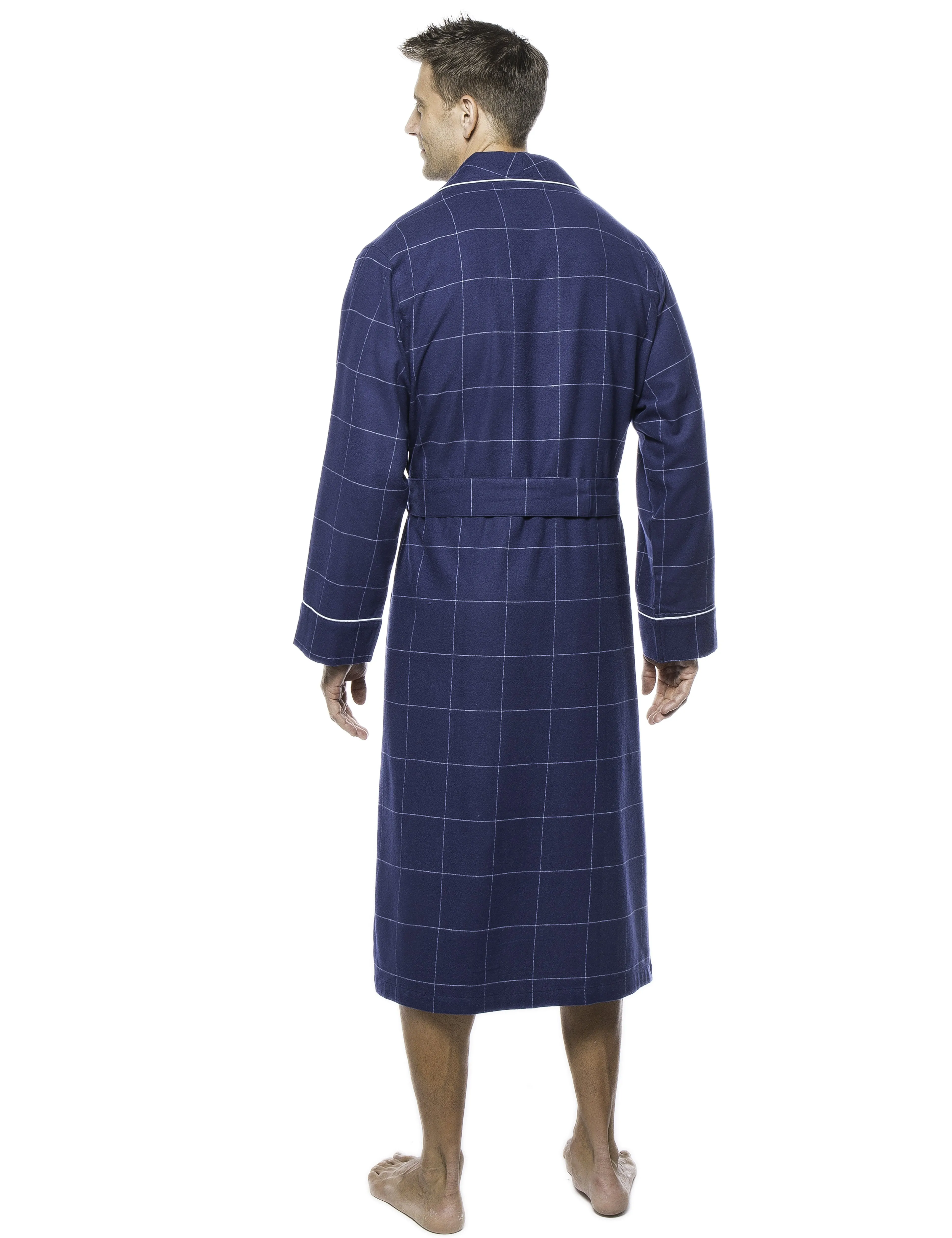 Mens Premium 100% Cotton Flannel Robe - Windowpane Checks Dark Blue